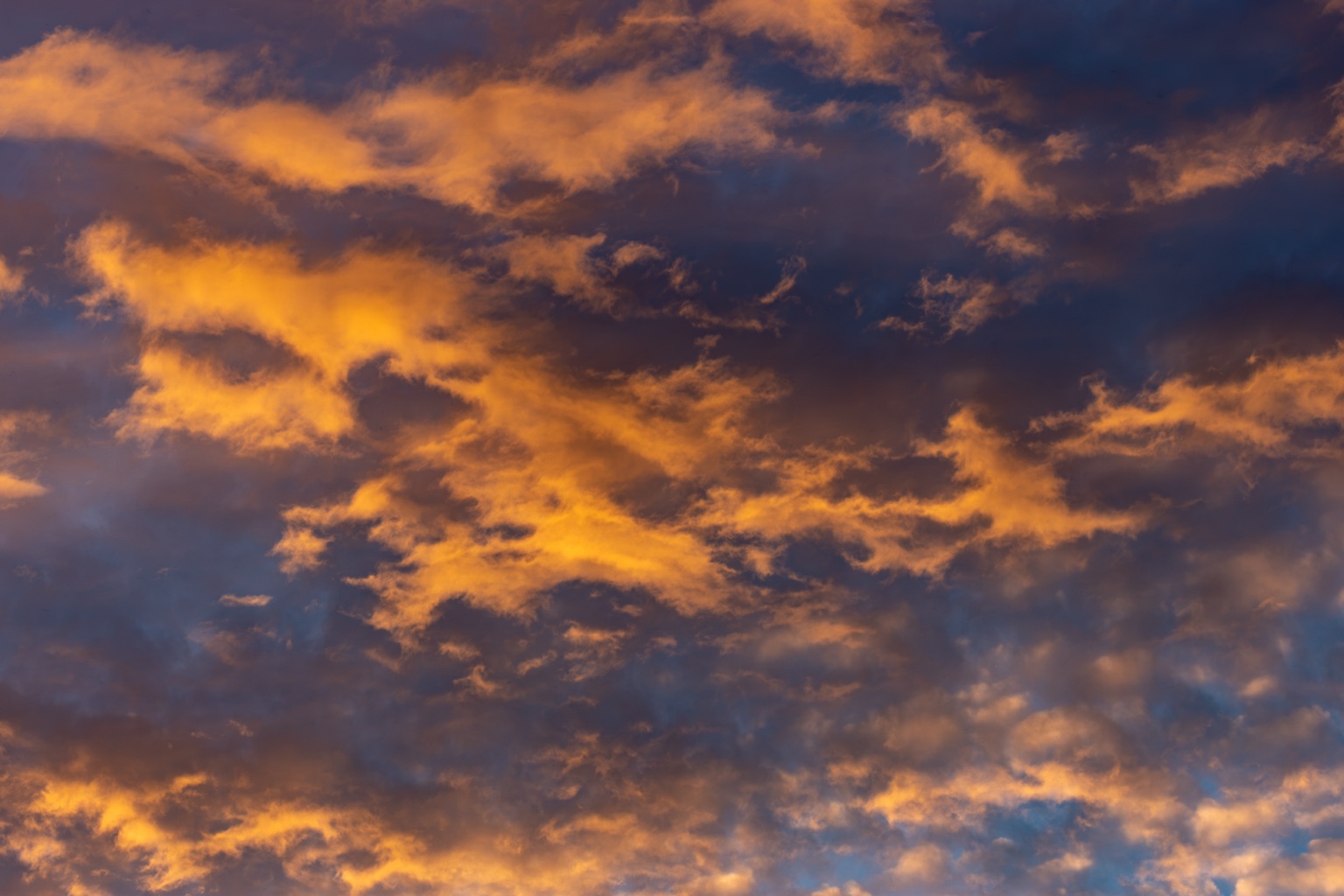 Orange leuchtende Wolken vor dunklen blauvioletten Wolkenflächen am Abendhimmel