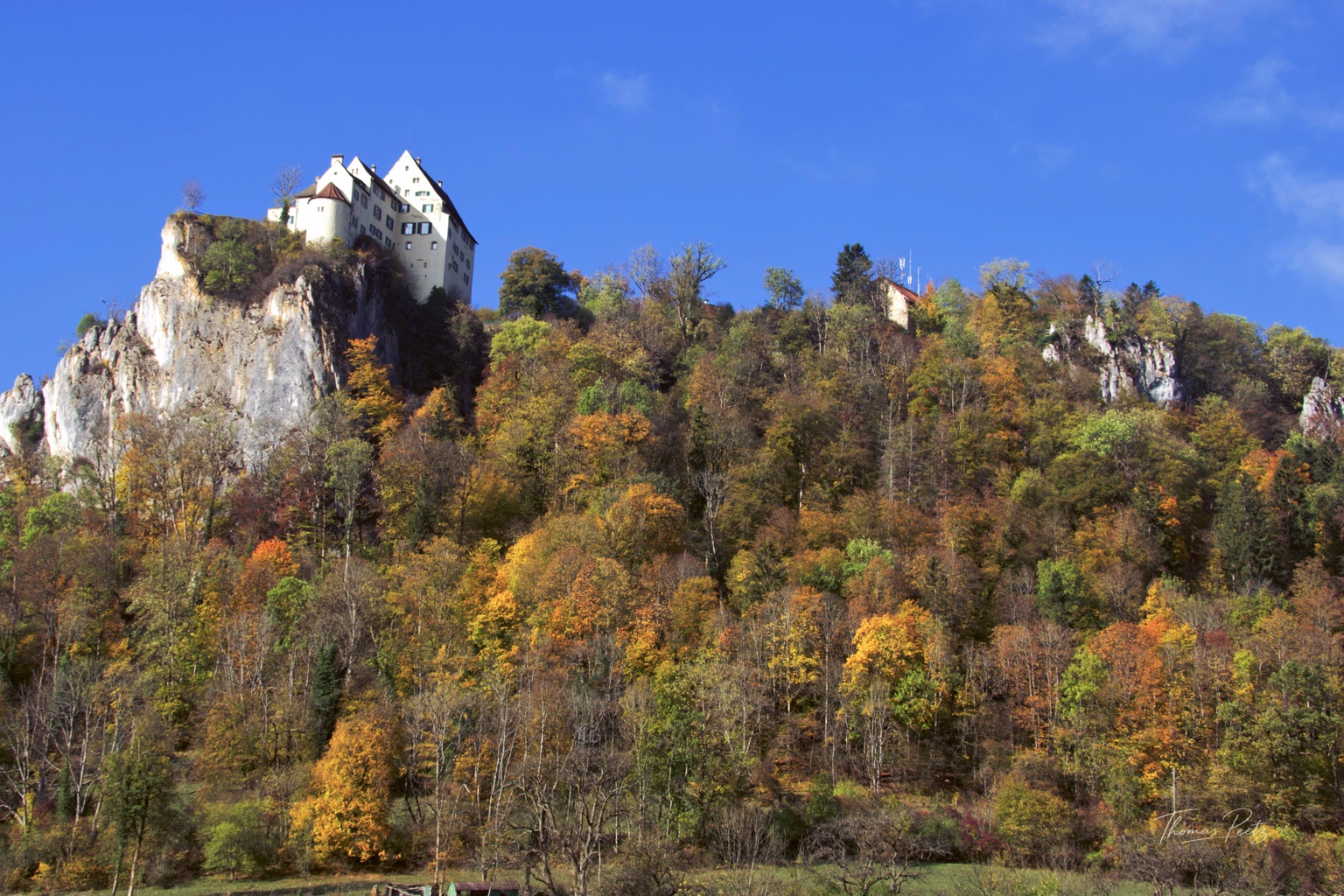 Helles Schloss auf einem steilen Felsen über einem herbstlich gefärbten Hang