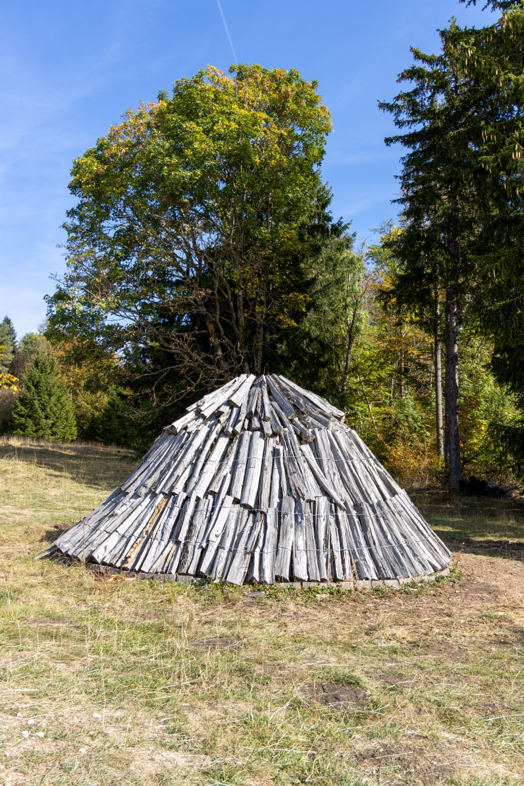 Kegelförmig aufgeschichtetes Holz eines vorbereiteten Kohlenmeilers auf einer Wiese am Waldrand