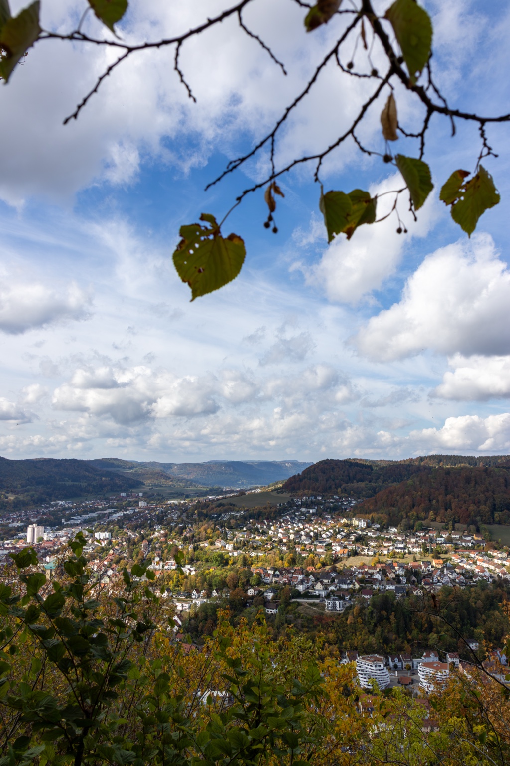 Blick über Ebingen und bunte Hänge unter blauem Himmel mit weißen Wolken und Zweigen